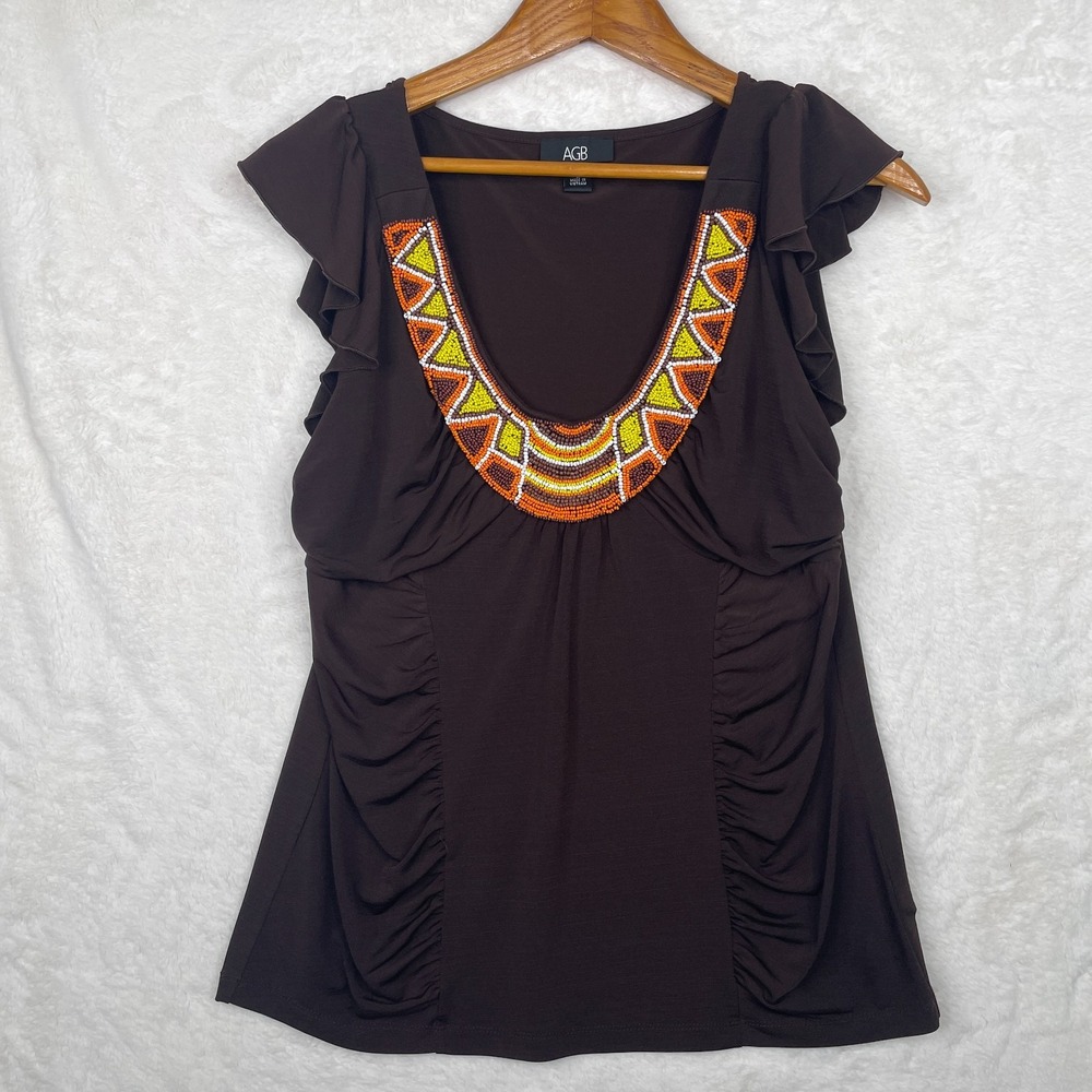 Vintage Y2K AGB Top Womens Large Beaded Ruched Boho Brown SouthWestern Festival